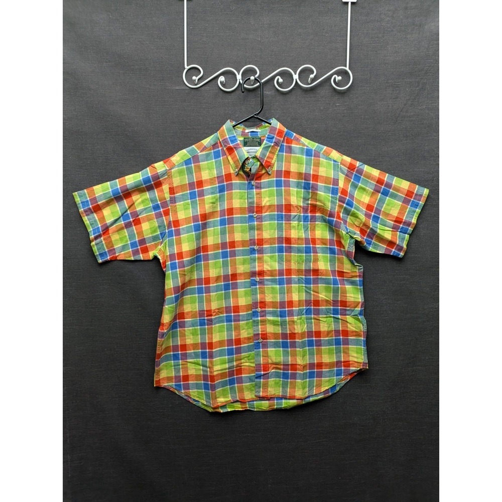 Post & Rail Shop Grid Short Sleeve Button Down Bright Loud Shirt Two-Ply 80s L